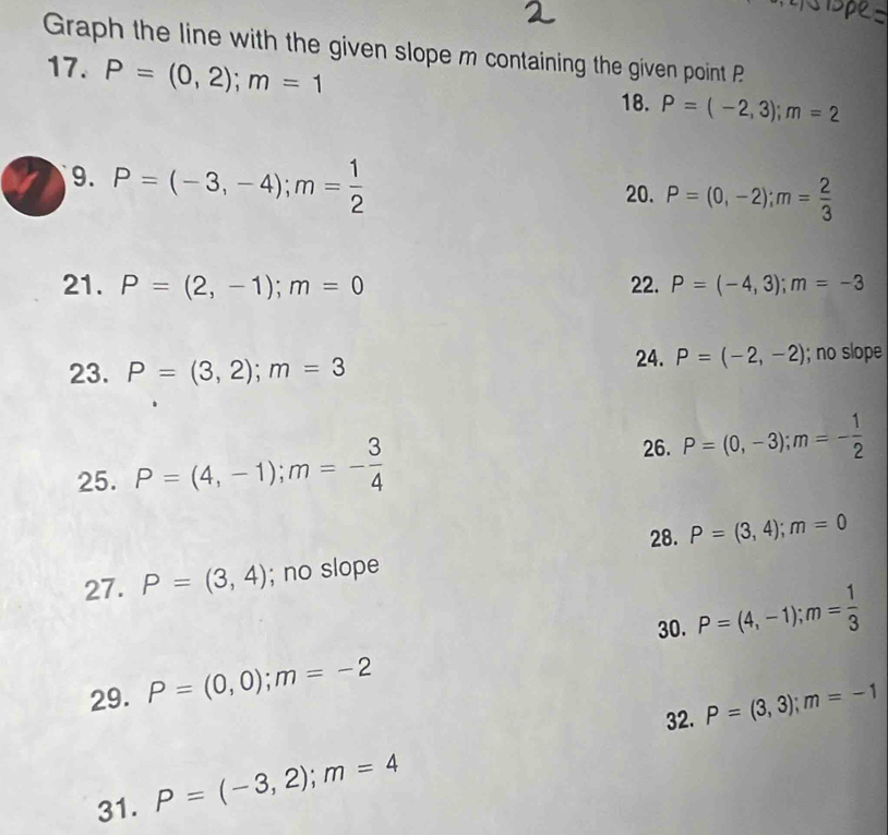 Graph the line with the given slope m containing the given point P
17. P=(0,2); m=1
18. P=(-2,3); m=2
a 9. P=(-3,-4); m= 1/2  20. P=(0,-2); m= 2/3 
21. P=(2,-1); m=0 22. P=(-4,3); m=-3
24. P=(-2,-2)
23. P=(3,2); m=3; no slope 
25. P=(4,-1); m=- 3/4 
26. P=(0,-3); m=- 1/2 
28. P=(3,4); m=0
27. P=(3,4); no slope 
30. P=(4,-1); m= 1/3 
29. P=(0,0); m=-2
32. P=(3,3); m=-1
31. P=(-3,2); m=4