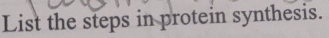 List the steps in protein synthesis.