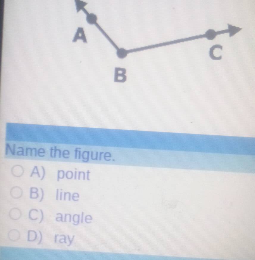 Name the figure.
A) point
B) line
C) angle
D ray