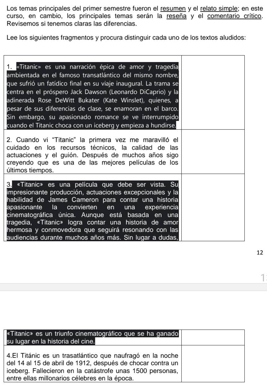 Los temas principales del primer semestre fueron el resumen y el relato simple; en este 
curso, en cambio, los principales temas serán la reseña y el comentario crítico. 
Revisemos si tenemos claras las diferencias. 
Lee los siguientes fragmentos y procura distinguir cada uno de los textos aludidos: 
1 
a 
q 
c 
a 
p 
S 
cu 
2 
c 
a 
c 
ú 
3 
i 
h 
a 
c 
tr 
h 
a 
12 
1