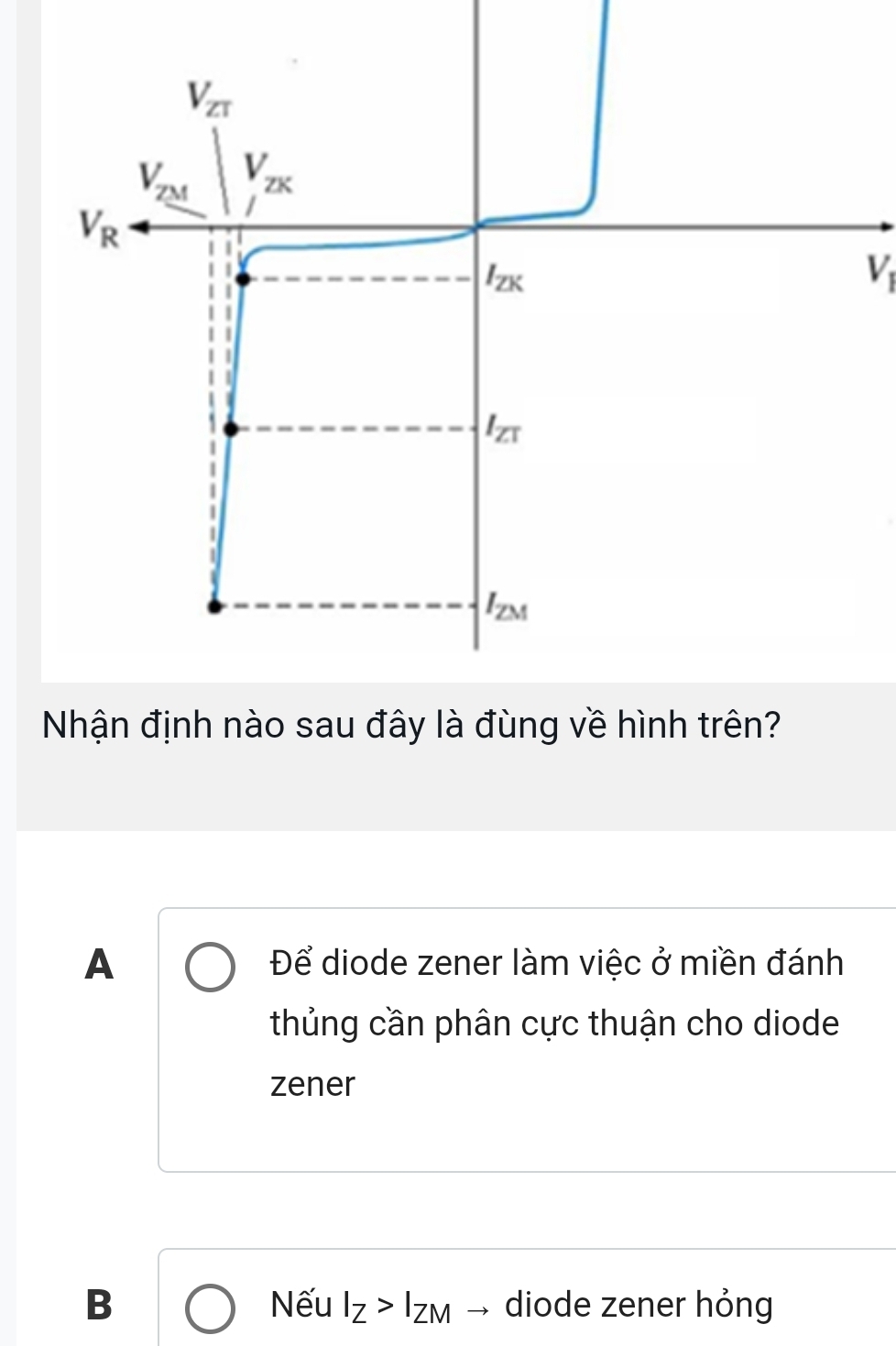 V_1
A Để diode zener làm việc ở miền đánh
thủng cần phân cực thuận cho diode
zener
B Nếu I_Z>I_ZM → diode zener hỏng