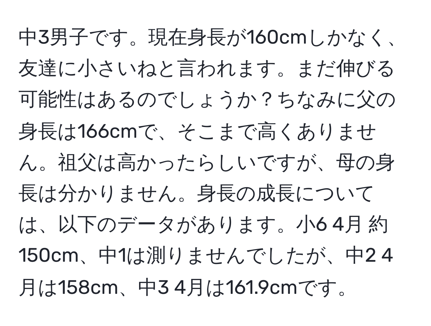 中3男子です。現在身長が160cmしかなく、友達に小さいねと言われます。まだ伸びる可能性はあるのでしょうか？ちなみに父の身長は166cmで、そこまで高くありません。祖父は高かったらしいですが、母の身長は分かりません。身長の成長については、以下のデータがあります。小6 4月 約150cm、中1は測りませんでしたが、中2 4月は158cm、中3 4月は161.9cmです。