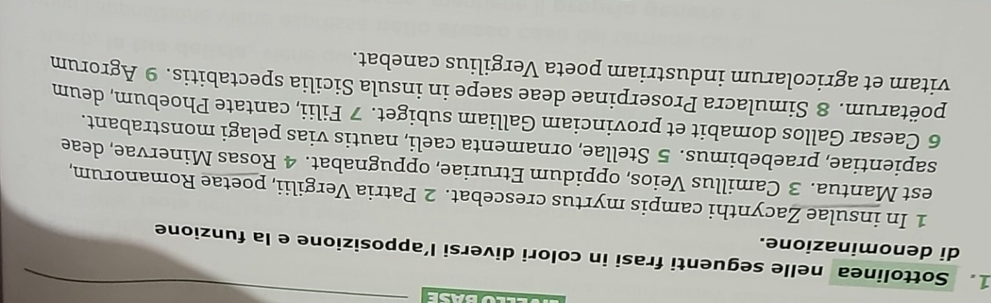 Sottolinea nelle seguenti frasi in colori diversi l’apposizione e la funzione 
di denominazione. 
1 In insulae Zacynthi campis myrtus crescebat. 2 Patria Vergilii, poetae Romanorum, 
est Mantua. 3 Camillus Veios, oppidum Etruriae, oppugnabat. 4 Rosas Minervae, deae 
sapientiae, praebebimus. 5 Stellae, ornamenta caeli, nautis vias pelagi monstrabant. 
6 Caesar Gallos domabit et provinciam Galliam subiget. 7 Filii, cantate Phoebum, deum 
poëtarum. 8 Simulacra Proserpinae deae saepe in insula Sicilia spectabitis. 9 Agrorum 
vitam et agricolarum industriam poeta Vergilius canebat.