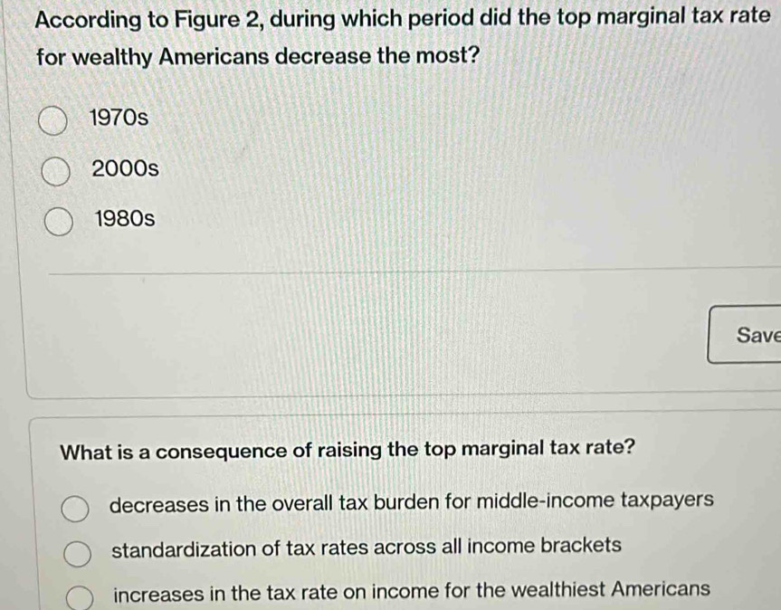 According to Figure 2, during which period did the top marginal tax rate
for wealthy Americans decrease the most?
1970s
2000s
1980s
Save
What is a consequence of raising the top marginal tax rate?
decreases in the overall tax burden for middle-income taxpayers
standardization of tax rates across all income brackets
increases in the tax rate on income for the wealthiest Americans