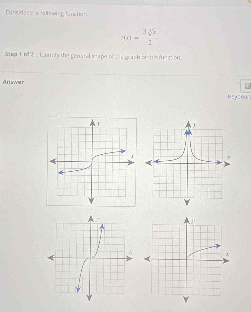 Consider the following function.
r(x)= 3sqrt[3](x)/2 
Step 1 of 2 : Identify the general shape of the graph of this function. 
Answer 
Keyboar