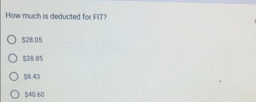 How much is deducted for FIT?
$28.05
$28.85
$8.43
$40.60