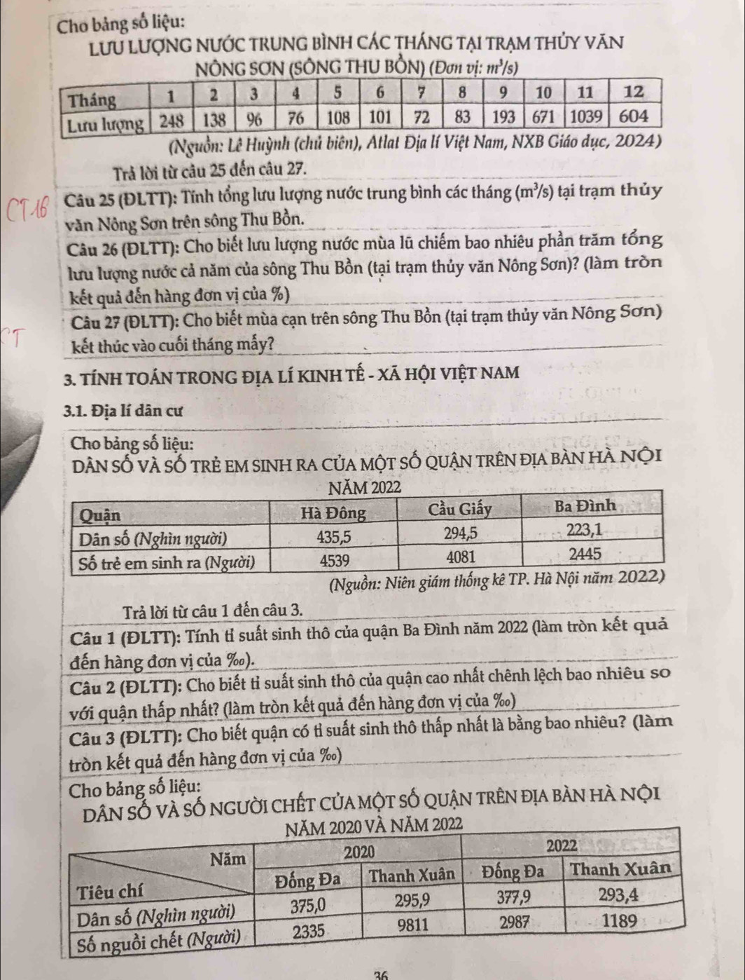 Cho bảng số liệu:
lưU LượnG nước trung bình các tháng tại trạm thủy văn
NÔNG SƠN (SÔNG THU BỒN) (Đơn vị: m^3/s
(Nguồn: Lê Huỳnh (chủ biên), Atlat Địa lí Việt Nam, NXB Giáo dục, 2024)
Trả lời từ câu 25 đến câu 27.
Câu 25 (ĐLTT): Tính tổng lưu lượng nước trung bình các tháng (m³/s) tại trạm thủy
văn Nông Sơn trên sông Thu Bồn.
Câu 26 (ĐLTT): Cho biết lưu lượng nước mùa lũ chiếm bao nhiêu phần trăm tổng
lưu lượng nước cả năm của sông Thu Bồn (tại trạm thủy văn Nông Sơn)? (làm tròn
kết quả đến hàng đơn vị của %)
Câu 27 (ĐLTT): Cho biết mùa cạn trên sông Thu Bồn (tại trạm thủy văn Nông Sơn)
kết thúc vào cuối tháng mấy?
3. TÍNH TOÁN TRONG ĐỊA LÍ KINH Tế - Xã HỘI VIệT NAM
3.1. Địa lí dân cư
Cho bảng số liệu:
dân số và số trẻ em sinh ra của một số quận trên địa bàn hà Nội
(Nguồn: Niên giám thống
Trả lời từ câu 1 đến câu 3.
Câu 1 (ĐLTT): Tính tỉ suất sinh thô của quận Ba Đình năm 2022 (làm tròn kết quả
đến hàng đơn vị của ‰).
Câu 2 (ĐLTT): Cho biết tỉ suất sinh thô của quận cao nhất chênh lệch bao nhiêu so
với quận thấp nhất? (làm tròn kết quả đến hàng đơn vị của ‰)
Câu 3 (ĐLTT): Cho biết quận có tỉ suất sinh thô thấp nhất là bằng bao nhiêu? (làm
tròn kết quả đến hàng đơn vị của ‰)
Cho bảng số liệu:
dân số và số người chết của một số quận trên địa bàn hà nội
36