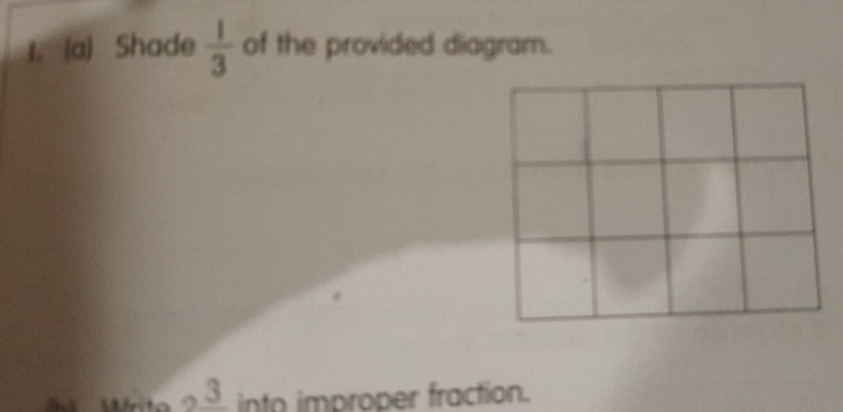 Shade  1/3  of the provided diagram. 
à Writa 2^(_ 3) into improper fraction.