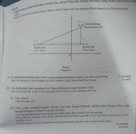 Raah 4 meminjukkan kedudukan rumah Liza, rumah Nina dan Taman Rekreašı yang đitukıś pada suatu sala
SULIT
Dagron 4 show she locations of Liza's house, Nina's house and Recreational Fark drawn on a Cartesian plane.
Cartes
Rajah 4
Diagram 4
(c) Nyatakan persamaan garis lurus yang menghubungkan rumah Liza dan rumah Nina. [1 markah]
State the equation of the straight line that connects Liza's house and Nina's house. [I mark]
(b) Liza berbasikal dari rumahnya ke Taman Rekreasi yang berjarak 13 km.
Liza cycles from her house to Recreational Park which covers a distance of 13 km.
(ī) Cari nilai h.
Find the value of h.
(ii) Jalan yang menghubungkan rumah Liza dan Taman Rekreasi adalah selari dengan jalan yang
menghubungkan rumah Nina dan sekolah.
Cari persamaan garis lurus yang mewakili jalan dari rumah Nina ke sekolah.
The road that connects Liza's house and Recreational Park is parallel to the road that connects Nina's house
and the school.
Find the equation of the straight line that represents the road from Nina's house to the school.
[4 markah]
4 marks]