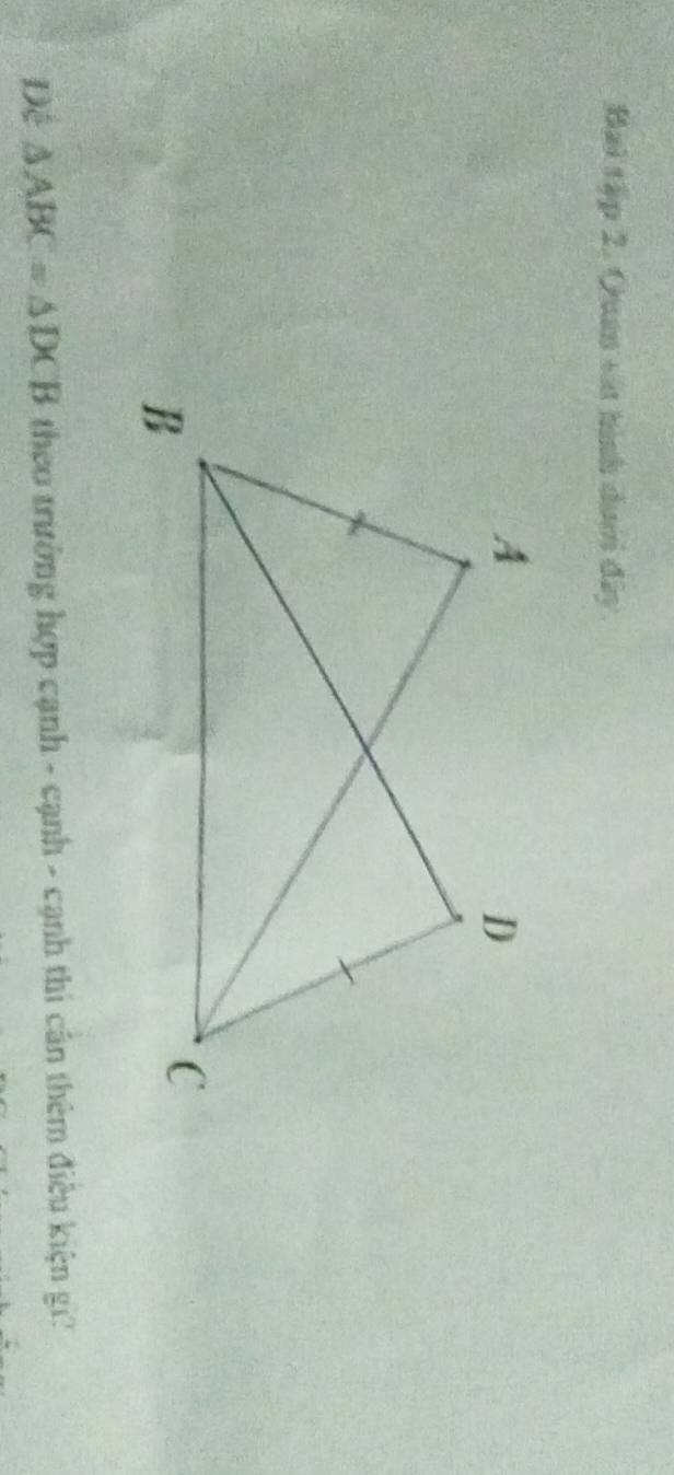 Bai tập 2. Qua sát hình duợi đây 
Để △ ABC=△ DCB theo trưởng hợp cạnh - cạnh - cạnh thi cân thêm điều kiện gi?
