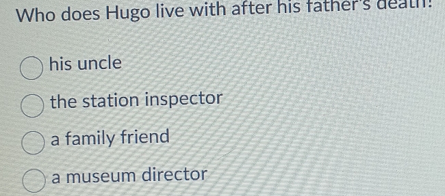 Who does Hugo live with after his father's death!
his uncle
the station inspector
a family friend
a museum director