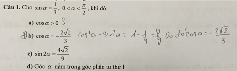 Cho sin alpha = 1/3 , 0 , khi đó: 
a) cos alpha >0
b) cos alpha =- 2sqrt(2)/3 
c) sin 2alpha = 4sqrt(2)/9 
d) Góc α nằm trong góc phần tư thứ I