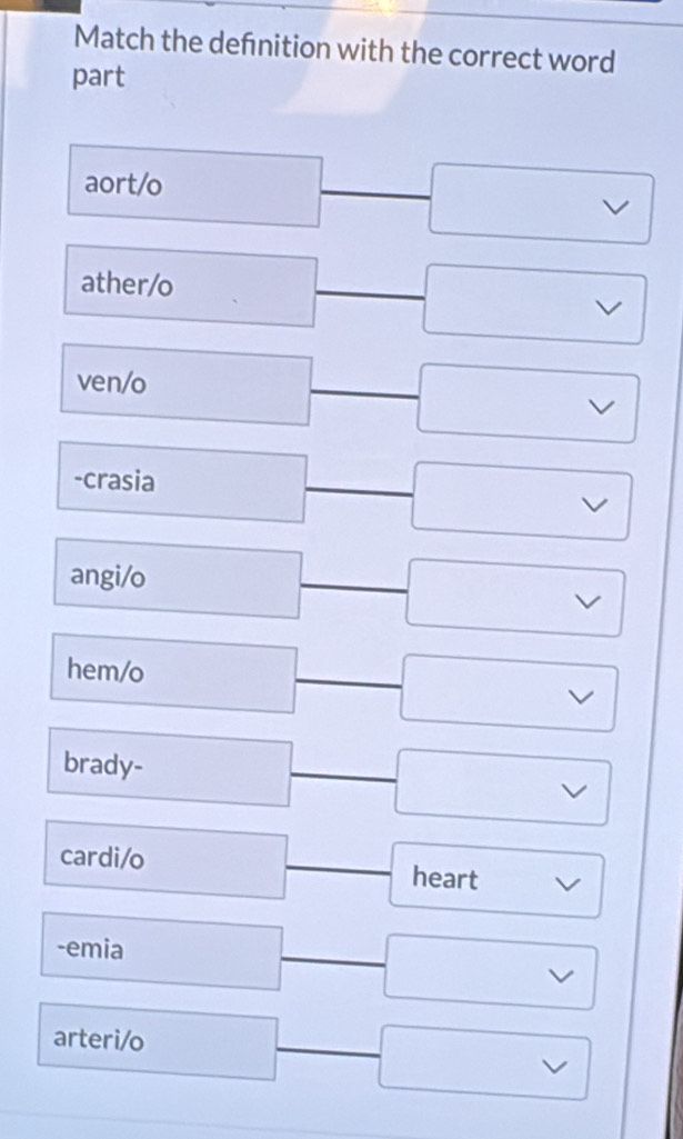 Match the defnition with the correct word 
part 
aort/o 
V 
ather/o 
V 
ven/o 
V 
-crasia 
angi/o 
V 
hem/o 
brady- 
cardi/o heart 
-emia 
arteri/o