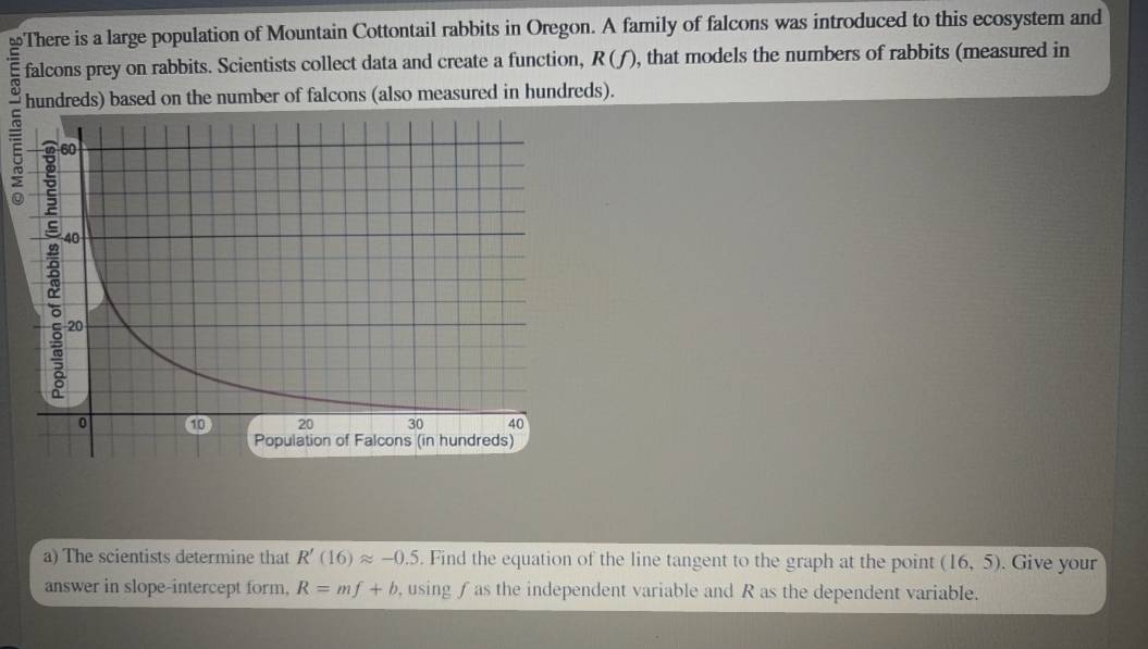 family of falcons was introduced to this ecosystem and 
falcons prey on rabbits. Scientists collect data and create a function, R(f , that models the numbers of rabbits (measured in 
hundreds) based on the number of falcons (also measured in hundreds). 
a) The scientists determine that R'(16)approx -0.5. Find the equation of the line tangent to the graph at the point (16,5). Give your 
answer in slope-intercept form, R=mf+b , using ∫as the independent variable and R as the dependent variable.