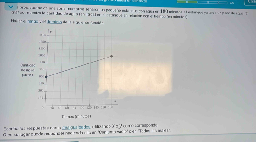 2/5 Chrl 
s propietarios de una zona recreativa Ilenaron un pequeño estanque con agua en 180 minutos. El estanque ya tenía un poco de agua. El 
gráfico muestra la cantidad de agua (en litros) en el estanque en relación con el tiempo (en minutos). 
Hallar el rango y el dominio de la siguiente función. 
Escriba las respuestas como desigualdades, utilizando X o Y como corresponda. 
O en su lugar puede responder haciendo clic en 'Conjunto vacío'' o en "Todos los reales".