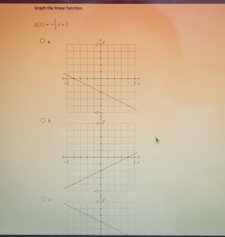 Graph the linear function.
g(x)=- 1/2 x+2
a 
b 
c -5