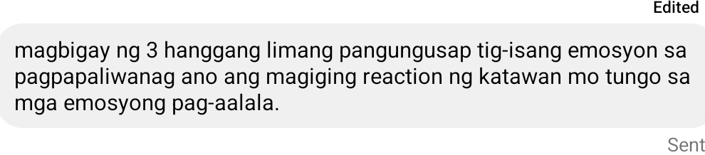 Edited 
magbigay ng 3 hanggang limang pangungusap tig-isang emosyon sa 
pagpapaliwanag ano ang magiging reaction ng katawan mo tungo sa 
mga emosyong pag-aalala. 
Sent