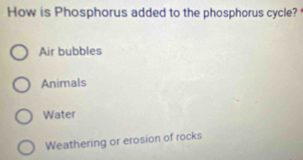 How is Phosphorus added to the phosphorus cycle?
Air bubbles
Animals
Water
Weathering or erosion of rocks