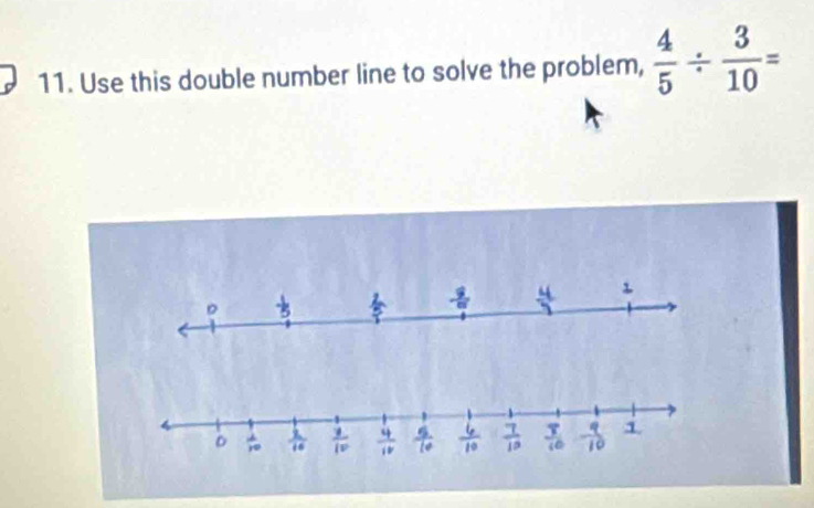 Use this double number line to solve the problem,  4/5 /  3/10 =