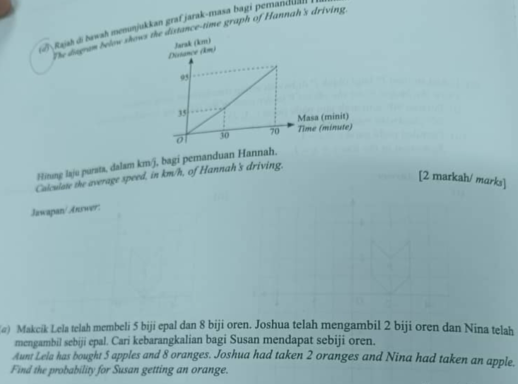 Rajah di bawah menunjukkan graf jarak-masa bagi peranduan 
The diagram below show distance-time graph of Hannah's driving 
Hitung laju purata, dalam km/j, bagi pemanduan Han 
Calculate the average speed, in km/h, of Hannah's driving. 
[2 markah/ marks] 
Jawapan/ Answer: 
@) Makcik Lela telah membeli 5 biji epal dan 8 biji oren. Joshua telah mengambil 2 biji oren dan Nina telah 
mengambil sebiji epal. Cari kebarangkalian bagi Susan mendapat sebiji oren. 
Aunt Lela has bought 5 apples and 8 oranges. Joshua had taken 2 oranges and Nina had taken an apple. 
Find the probability for Susan getting an orange.