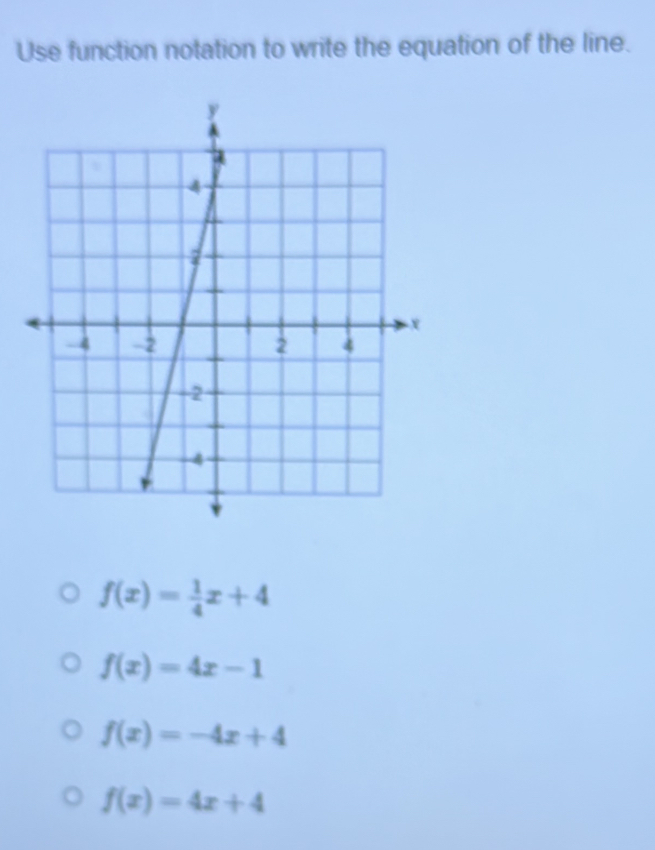 Use function notation to write the equation of the line.
f(x)= 1/4 x+4
f(x)=4x-1
f(x)=-4x+4
f(x)=4x+4