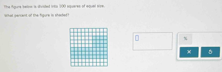 The figure below is divided into 100 squares of equal size. 
What percent of the figure is shaded?
%
×