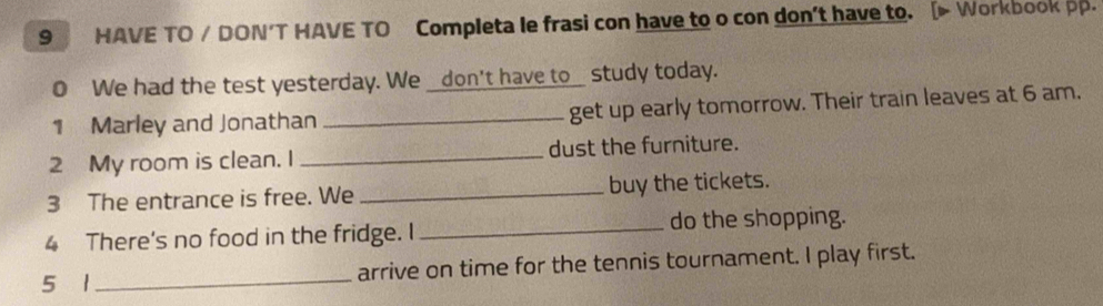 HAVE TO / DON'T HAVE TO Completa le frasi con have to o con don't have to. [> Workbook pp. 
0 We had the test yesterday. We _don't have to_ study today. 
1 Marley and Jonathan _get up early tomorrow. Their train leaves at 6 am. 
2 My room is clean. I _dust the furniture. 
3 The entrance is free. We _buy the tickets. 
4 There's no food in the fridge. I _do the shopping. 
5 1_ arrive on time for the tennis tournament. I play first.