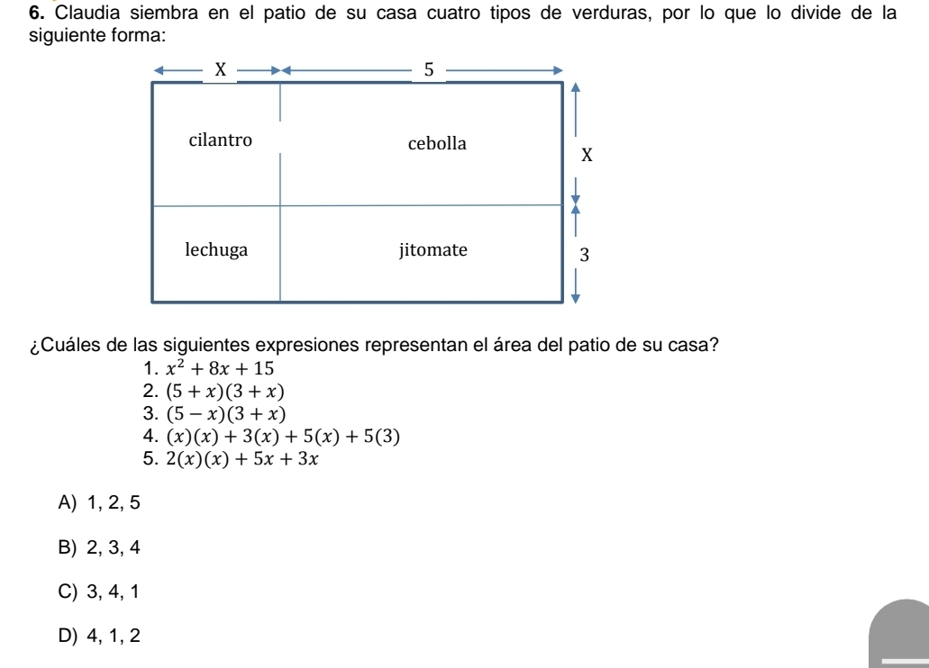 Claudia siembra en el patio de su casa cuatro tipos de verduras, por lo que lo divide de la
siguiente forma:
¿Cuáles de las siguientes expresiones representan el área del patio de su casa?
1. x^2+8x+15
2. (5+x)(3+x)
3. (5-x)(3+x)
4. (x)(x)+3(x)+5(x)+5(3)
5. 2(x)(x)+5x+3x
A) 1, 2, 5
B) 2, 3, 4
C) 3, 4, 1
D) 4, 1, 2