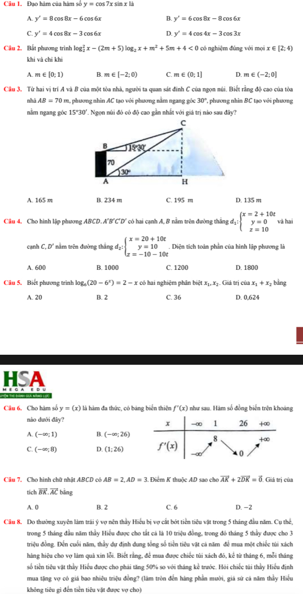 Đạo hàm của hàm số y=cos 7xsin x|a
A. y'=8cos 8x-6cos 6x B. y'=6cos 8x-8 cos 6x
C. y'=4cos 8x-3cos 6x D. y'=4cos 4x-3cos 3x
Câu 2. Bất phương trình log _2^(2x-(2m+5)log _2)x+m^2+5m+4<0</tex> có nghiệm đúng với moix∈ [2;4)
khi và chi khi
A. m∈ [0;1) B. m∈ [-2;0) C. m∈ (0;1] D. m∈ (-2;0]
Câu 3. Từ hai vị trí A và B của một tòa nhà, người ta quan sát đinh C của ngọn núi. Biết rằng độ cao của tòa
nhà AB=70m 2, phương nhìn AC tạo với phương nằm ngang góc 30°, , phương nhìn BC tạo với phương
nằm ngang góc 15°30' ' Ngọn núi đó có độ cao gần nhất với giá trị nào sau đây?
A. 165 m B. 234 m C. 195 m D. 135 m
Câu 4. Cho hình lập phương ABCD. A'B' ''n' có hai cạnh A, B nằm trên đường thắng d_1:beginarrayl x=2+10t y=0 z=10endarray. và hai
cạnh C,D' nằm trên đường thắng d_2:beginarrayl x=20+10t y=10 z=-10-10tendarray.. Diện tích toàn phần của hình lập phương là
A. 600 B. 1000 C. 1200 D. 1800
Câu 5. Biết phương trình log _6(20-6^x)=2-x có hai nghiệm phân biệt x_1,x_2 Giá trị của x_1+x_2 bằng
A. 20 B. 2 C. 36 D. 0,624
HSA
Yên thị dánh giả năng lực
Câu 6. Cho hàm số y=(x) là hàm đa thức, có bảng biến thiên f'(x) như sau. Hàm số đồng biến trên khoáng
nào dưới đây?
A. (-∈fty ;1) B. (-∈fty ;26)
C. (-∈fty ;8) D. (1;26)
Câu 7. Cho hình chữ nhật ABCD có AB=2,AD=3. Điểm K thuộc AD sao cho vector AK+2vector DK=vector 0 Giá trị của
tich vector BK.vector ACbing
A. 0 B. 2 C. 6 D. −2
Cầu 8. Do thường xuyên làm trái ý vợ nên thầy Hiếu bị vợ cắt bớt tiền tiêu vặt trong 5 tháng đầu năm. Cụ thể,
trong 5 tháng đầu năm thầy Hiếu được cho tất cả là 10 triệu đồng, trong đó tháng 5 thầy được cho 3
triệu đồng. Đến cuối năm, thầy dự định dung tổng số tiền tiêu vặt cả năm để mua một chiếc túi xách
hàng hiệu cho vợ làm quả xin lỗi. Biết rằng, để mua được chiếc túi xách đó, kể từ tháng 6, mỗi tháng
số tiền tiêu vặt thầy Hiếu được cho phải tăng 50% so với tháng kể trước. Hỏi chiếc túi thầy Hiếu định
mua tặng vợ có giá bao nhiêu triệu đồng? (làm tròn đến hàng phần mười, giả sử cả năm thầy Hiếu
không tiêu gì đến tiền tiêu vặt được vợ cho)