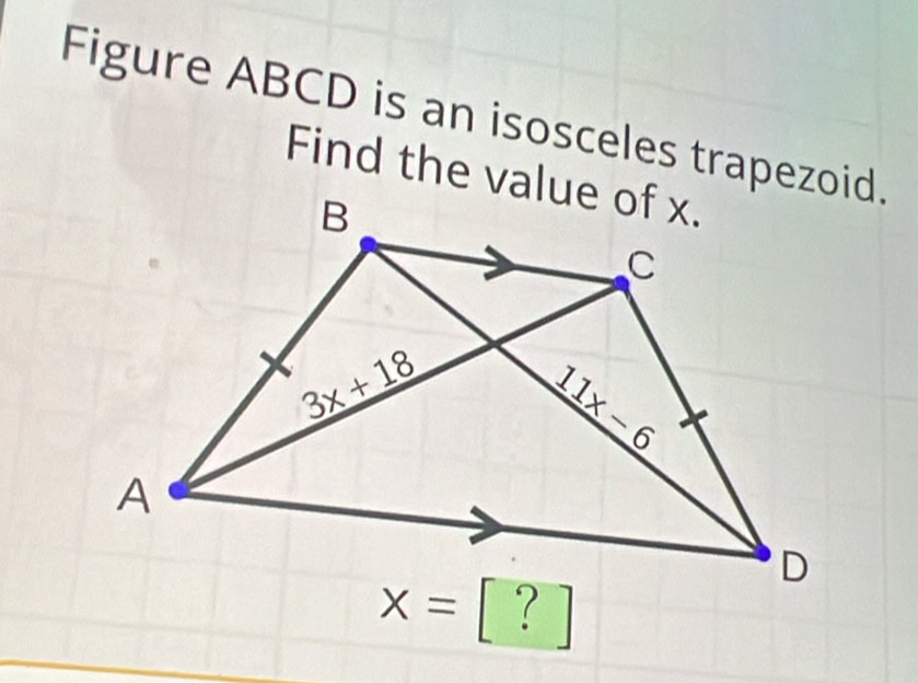 Figure ABCD is an isosceles trapezoid.
[ ?