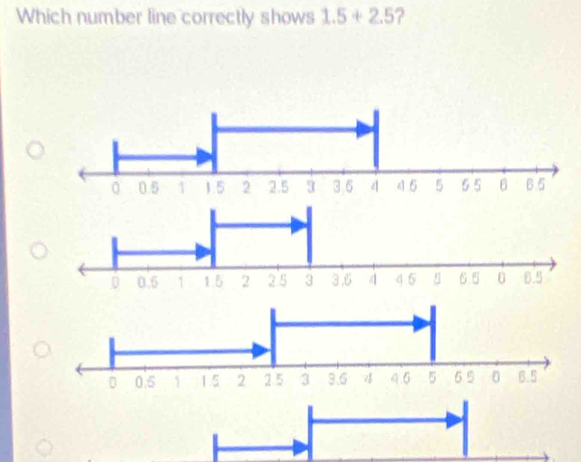 Which number line correctly shows 1.5+2.5