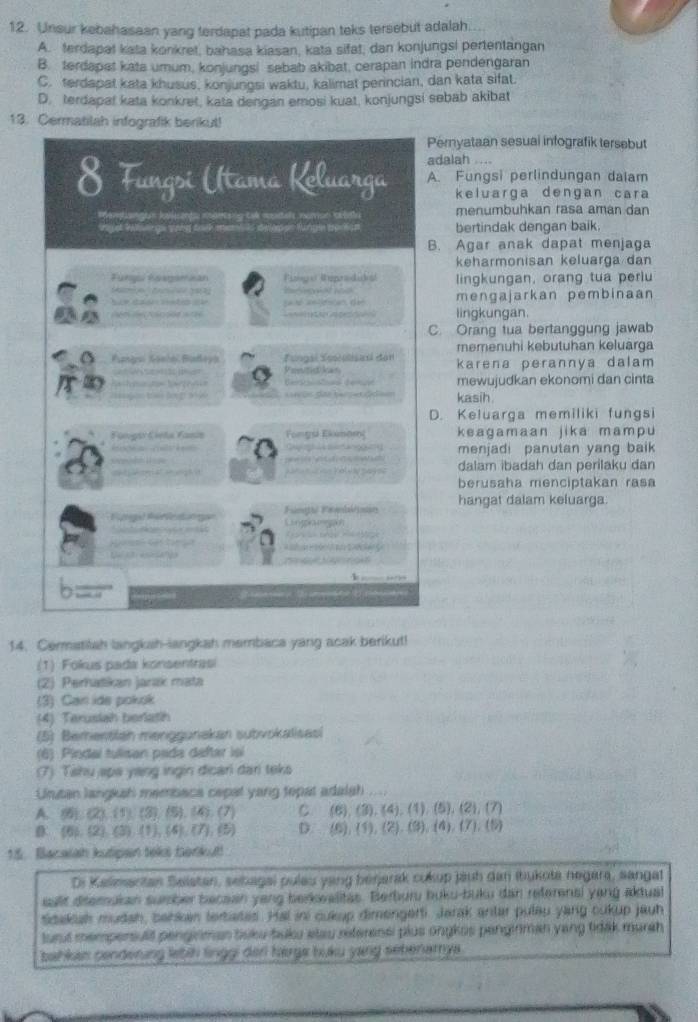 Unsur kebahasaan yang terdapat pada kutipan teks tersebut adalah.
A. terdapat kata konkret, bahasa kiasan, kata sifat, dan konjungsi pertentangan
B. terdapet kata umum, konjungsi sebab akibat, cerapan indra pendengaran
C. terdapat kata khusus, konjungsi waktu, kalimat perincian, dan kata sifat.
D. terdapat kata konkret, kata dengan emosi kuat, konjungsi sebab akibat
13. Cermatilah infografik berikul!
Pernyataan sesual infografik tersebut
adalah ....
8 Fungsi Utama Keluarga A. Fungsi perlindungan dalam
keluarga dengan cara
y tak wsital nomon ch menumbuhkan rasa aman dan
Wget Wisengs seng taek mani ls delapes fungle becion bertindak dengan baik.
B. Agar anak dapat menjaga
keharmonisan keluarga dan
Fynqu Pysgamián Fiago Repraduka lingkungan, orang tua perlu
C19  e al mengajarkan pembinaan
a ea de
= Le      lingkungan.
C. Orang tua bertanggung jawab
memenuhi kebutuhan keluarga
Fangrsi Gōeho Badoy Fungsi Sosiolisasi den karena perannya dalam
Penitid kas
p  an t l ' 1   =n on der tersetóde= mewujudkan ekonomi dan cinta
Gersts stoad de nse
kasih
D. Keluarga memiliki fungsi
Fangor Cieta Yasia Fomgsl Ekmomς keagamaan jika mampu
menjadi panutan yang baik 
dalam ibadah dan perilaku dan
berusaha menciptakan rasa
hangat dalam keluarga:
Fge Fé l  g Fimté Frmlaklimón Longra msion
             
                              
                
14. Cermatilah langkah-langkah membaca yang acak berikut!
(1) Fokus pada konsentrasi
(2) Perhatikan jarak mata
(3) Can ide pokok
(4) Terusiah berlatih
(5) Bementlah menggunakan subvokalisasi
(6) Pindal tulisan pada deftar isi
(7) Tshu apa yang ingin dicari dari teks
Unitan langksh membaca cepal yang topat adalsh ,,
A. (6),(2),(5),(5),(4),(7) C. (6),(3),(4),(1),(5),(2),(7)
0 (6),(2),(3),(1),(4),(7),(5) D. (6),(1),(2),(3),(4),(7),(5)
15. Bacalah kutipan teks bonkut!
Di Kalimantan Selstan, sebagal pulau yang berjarak cukup jauh dan ibukota negara, sangat
sult ditemukan sumber becaan yeng berkwalitas. Berburu buku-buku dan referensi yong akdual
Sdaksh mudah, berkan tertates. Hal ini cukup dimengerti. Jarak antar pulau yang cukup jauh
turut mempersult pengirman tsku buku stau reterensi plus onykos pengirman yang tidak murah 
bahkas cendering letih linggi der herga buku yang sebenamya