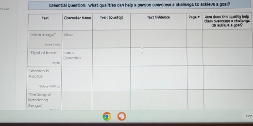 he will Essential Question: What qualities can help a person overcome a challenge to achieve a goal? 
lpge 
Sep