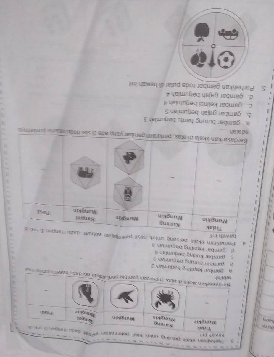 Perhatikan akala peluang
m 
ham
isí dadu beserte jumiar nye
a. gambar kepiting berjumiah 2
b. gambar burung bərjumiah 2
c. gambar kucing bərjumlah 4
d. gambar kəpiting berjumiah 3
4. Perhatikan skala pəluang unt
beserta jumlahnya
....
a. gambar burung hantu berjumiah 3
b. gambar gajah berjumiah 5
c. gambar kelinci berjumiah 4
d. gambar gajah berjumiah 4
5. Perhatikan gambar roda putar di bawah ini!