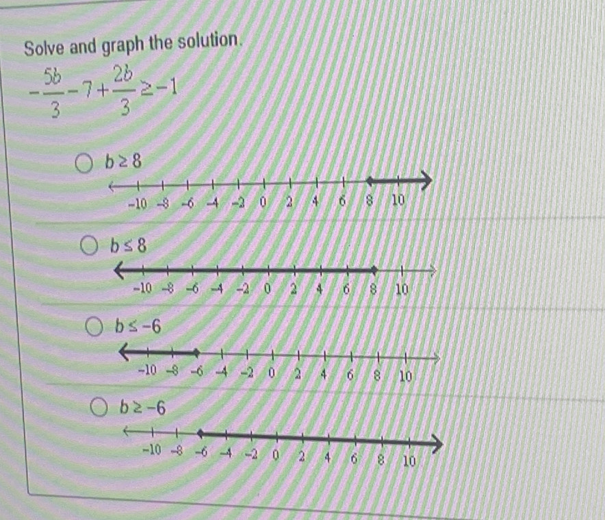 Risolto:Solve and graph the solution. - 5b/3 -7+ 2b/3 ≥ -1
