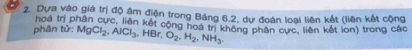 Dựa vào giá trị độ âm điện trong Bảng 6.2, dự đoán loại liên kết (liên kết cộng 
hoá trị phân cực, liên kết cộng hoá trị không phân cực, liên kết lon) trong các 
phân tử: MgCl_2, AlCl_3 , HBr, O_2, H_2, NH_3.