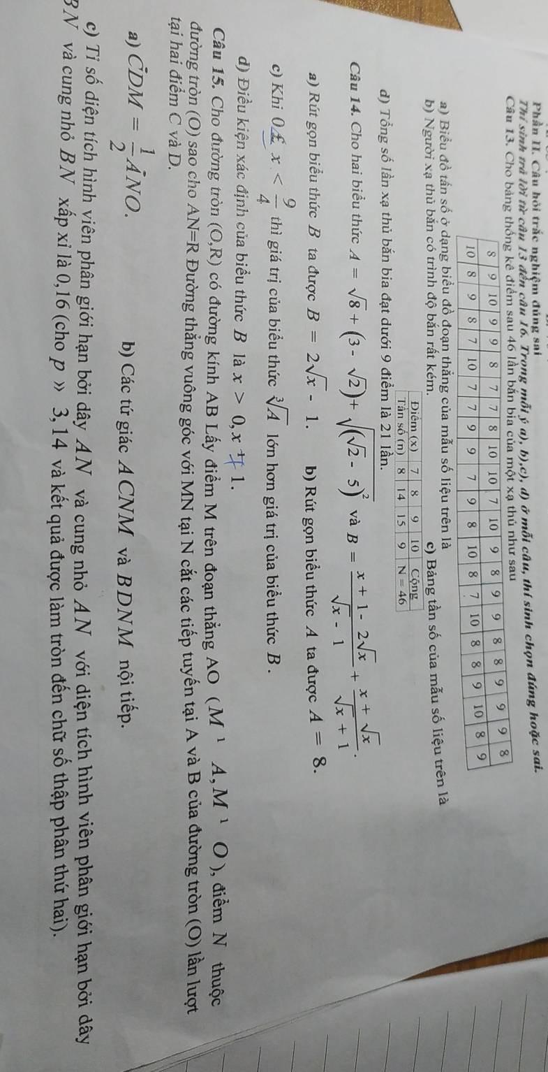 Phần II. Câu hỏi trắc nghiệm đúng sai
Thí sinh trả lời từ câu 13 đến câu 16. Trong mỗi (a).b).c).d ở mỗi câu, thí sinh chọn đúng hoặc sai.
Câu 13. Cho bau 46 lần bắn bịa của một ạ thủ như sau
a) Biểu đồ tấn số ở dạng biểu đồ đoạn thắng của mẫu số liệu trên là
b) Người xạ thủ bắn có trình độ bắn rất kém.
c) Bảng tần số của mẫu số liệu trên là
d) Tổng số lần xạ thủ bắn bia đạt dưới 9 
Câu 14. Cho hai biểu thức A=sqrt(8)+(3-sqrt(2))+sqrt((sqrt 2)-5)^2 và B= (x+1-2sqrt(x))/sqrt(x)-1 + (x+sqrt(x))/sqrt(x)+1 .
a) Rút gọn biểu thức B ta được B=2sqrt(x)-1. b) Rút gọn biểu thức A ta được A=8.
c) Khi 0£ x thì giá trị của biểu thức sqrt[3](A) lớn hơn giá trị của biểu thức B .
d) Điều kiện xác định của biểu thức B là x>0,x+1.
Câu 15. Cho đường tròn (O,R) có đường kính AB Lấy điểm M trên đoạn thẳng AO (M^1A,M^1O) , điểm N thuộc
đường tròn (O) sao cho AN=R Đường thẳng vuông góc với MN tại N cắt các tiếp tuyến tại A và B của đường tròn (O) lần lượt
tại hai điểm C và D.
a) vector CDM= 1/2 vector ANO.
b) Các tứ giác ACNM và BDNM nội tiếp.
c) Tỉ số diện tích hình viên phân giới hạn bởi dây AN và cung nhỏ AN với diện tích hình viên phân giới hạn bởi dây
BN và cung nhỏ BN xấp xỉ là 0,16 (cho p » 3, 14 và kết quả được làm tròn đến chữ số thập phân thứ hai).