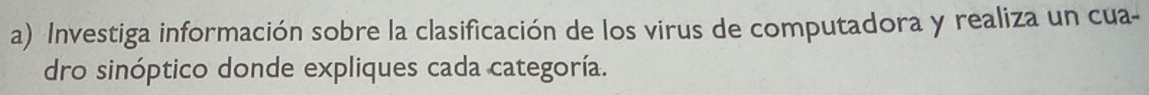 Investiga información sobre la clasificación de los virus de computadora y realiza un cua- 
dro sinóptico donde expliques cada categoría.