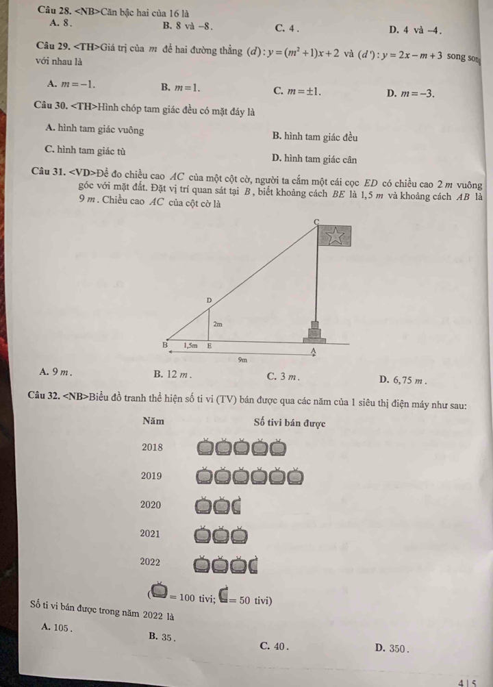 ∠ NB>Can bậc hai của 16 là
A. 8. B. 8va-8. C. 4. D. 4 và -4.
Câu 29. ∠ TH>G tá trị của m đề hai đường thẳng (d): y=(m^2+1)x+2 và (d'):y=2x-m+3 song som
với nhau là
A. m=-1. B. m=1. C. m=± 1. D. m=-3. 
Câu 30. Hình chóp tam giác đều có mặt đáy là
A. hình tam giác vuông B. hình tam giác đều
C. hình tam giác tù D. hình tam giác cân
Câu 31. Đề đo chiều cao AC của một cột cờ, người ta cắm một cái cọc ED có chiều cao 2 m vuông
góc với mặt đất. Đặt vị trí quan sát tại B , biết khoảng cách BE là 1,5 m và khoảng cách AB là
9 m. Chiều cao AC của cột cờ là
A. 9 m. B. 12 m. C. 3 m. D. 6,75 m.
Câu 32. Biều đồ tranh thể hiện số ti vi (TV) bán được qua các năm của 1 siêu thị điện máy như sau:
Năm Số tivi bán được
2018
2019
2020
2021
2022
=100 tivi; =50 tivi)
Số tiỉ vi bán được trong năm 2022 là
A. 105. B. 35. C. 40. D. 350.
4 1 5