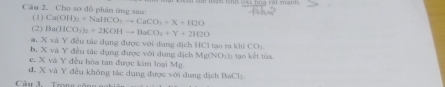 Cho sơ đồ phân ứng sau:
( 1 ) Ca(OH)_3+NaHCO_3to CaCO_3+X+H2O
(2) Ba(HCO_3)_2+2KOHto BaCO_3+Y+2H2O
a. X và Y đều tác dụng được với dung địch HCl tạo ra khi CO_2
b. X và Y đều tác dụng được với dụng dịch Mg(NO:)s tạo kết từa
e. X và Y đều hòa tan được kim loại Mg
đ. X và Y đều không tác dụng được với dung dịch Bai l_1
Câu J. Trong công n