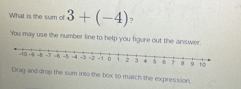 What is the sum of 3+(-4) ? 
You may use the number line to help you figure out the answer.
9
Drag and drop the sum into the box to match the expression.