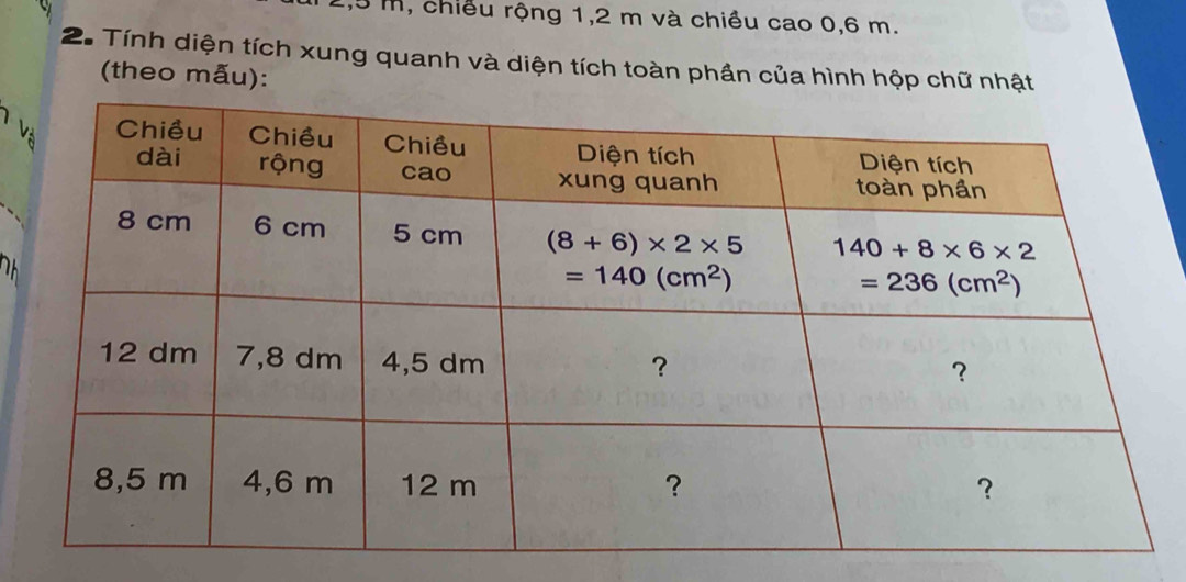 1,5 m, chiều rộng 1,2 m và chiều cao 0,6 m.
2. Tính diện tích xung quanh và diện tích toàn phần của hình hộp chữ nhật
(theo mẫu):
、