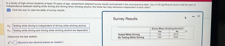 In a study of high school students at least 16 years of age, researchers obtained survey results summarized in the accompanying table. Use a 0.05 significance level to test the claim of 
independence between texting while driving and driving when drinking alcohol. Are those two risky behaviors independent of each other? 
€ Click the icon to view the table of survey results. 
× 
Survey Results 
Họ: Texting while driving is independent of driving while drinking alcohol.
H_1 : Texting while driving and driving while drinking alcohol are dependent. 
Determine the test statistic.
x^2=□ (Round to two decimal places as needed.)