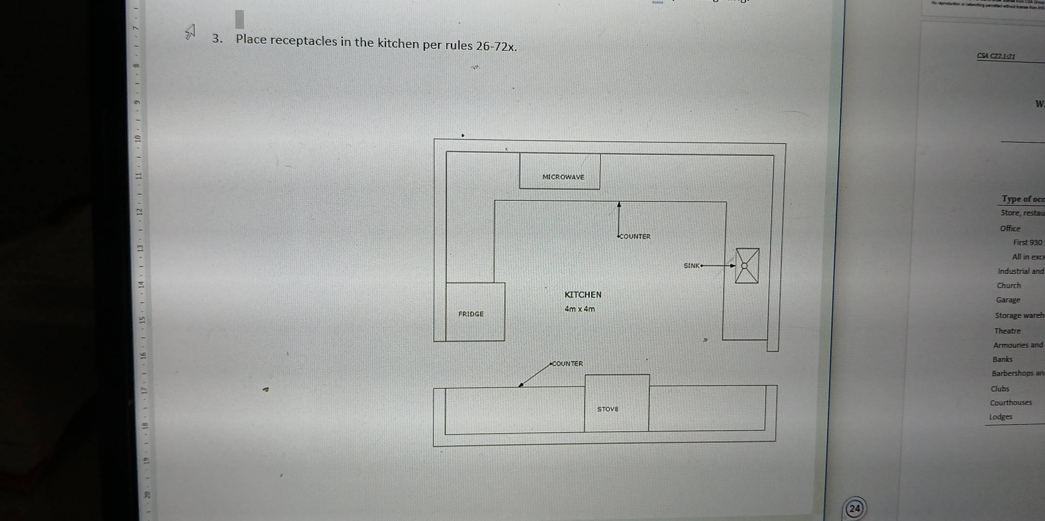 Place receptacles in the kitchen per rules 26-72x. 
CSA C22.1:21 
W 
_ 
MI CR OWAVE 
Type of occ 
Store, restau 
Office 
First 930 
All in exce 
SINK• Industrial and 
Church 
KITCHEN 
Garage 
FRIDGE 4m x 4m
Storage wareh 
Theatre 
COUNTER Banks 
Barbershops an 
Clubs 
Courthouses 
STOVE 
Lodges
24