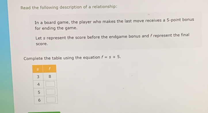 Read the following description of a relationship: 
In a board game, the player who makes the last move receives a 5 -point bonus 
for ending the game. 
Let s represent the score before the endgame bonus and f represent the final 
score. 
Complete the table using the equation f=s+5.