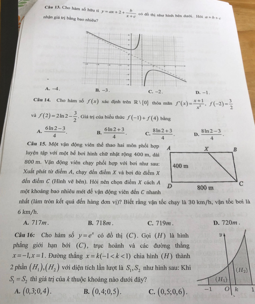 Cho hàm số hữu tỉ y=ax+2+ b/x+c  có đồ thị như hình bên dưới. Hỏi a+b+c
nhận giá trị bằng bao nhiêu?
A. -4. B. −3 . C. −2. D. −1.
Câu 14. Cho hàm số f(x) xác định trên Rvee  0 thỏa mãn f'(x)= (x+1)/x^2 ,f(-2)= 3/2 
và f(2)=2ln 2- 3/2 . Giá trị của biểu thức f(-1)+f(4) bằng
A.  (6ln 2-3)/4 .  (6ln 2+3)/4 . C.  (8ln 2+3)/4 . D.  (8ln 2-3)/4 .
B.
Câu 15. Một vận động viên thể thao hai môn phối hợp
luyện tập với một bể bơi hình chữ nhật rộng 400 m, dài
800 m. Vận động viên chạy phối hợp với bơi như sau:
Xuất phát từ điểm A, chạy đến điểm X và bơi đừ điểm X
đến điểm C (Hình vẽ bên). Hỏi nên chọn điểm X cách A
một khoảng bao nhiêu mét để vận động viên đến C nhanh
(nhất (làm tròn kết quả đến hàng đơn vị)? Biết rằng vận tốc chạy là 30 km/h, vận tốc bơi là
6 km/h.
A. 717m . B. 718m . C. 719m . D. 720m .
Câu 16: Cho hàm số y=e^x có đồ thị (C). Gọi (H) là hình 
phẳng giới hạn bởi (C), trục hoành và các đường thẳng
x=-1,x=1. Đường thắng x=k(-1 chia hình (H) thành
2 phần (H_1),(H_2) với diện tích lần lượt là S_1,S_2 như hình sau: Khi
S_1=S_2 thì giá trị của k thuộc khoảng nào dưới đây?
A. (0,3;0,4). (0,4;0,5). C. (0,5;0,6). 1
B.