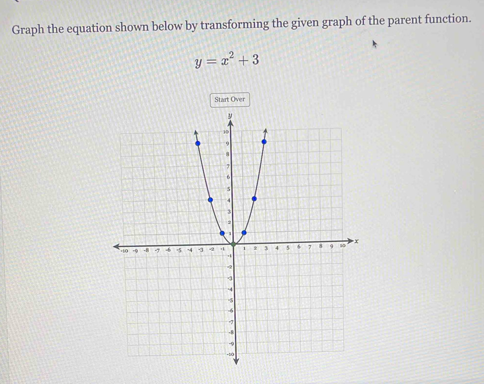 Graph the equation shown below by transforming the given graph of the parent function.
y=x^2+3
Start Over