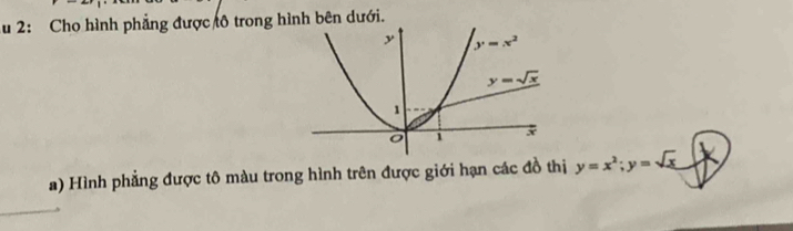 2: Cho hình phẳng được tô trong hình bên dưới.
a) Hình phẳng được tô màu trong hình trên được giới hạn các đồ thị y=x^2;y=sqrt x° J