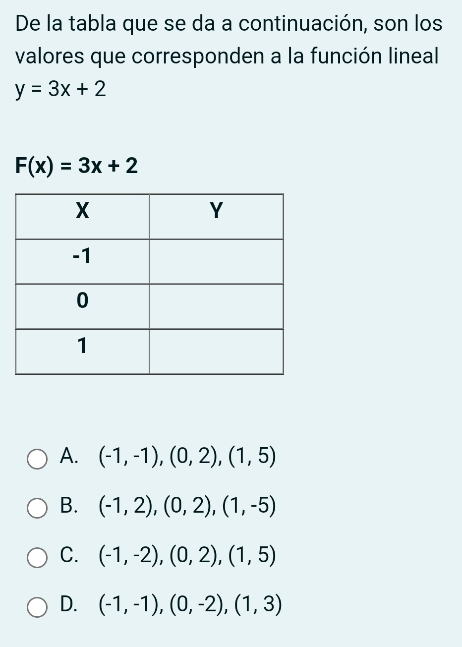 De la tabla que se da a continuación, son los
valores que corresponden a la función lineal
y=3x+2
F(x)=3x+2
A. (-1,-1),(0,2),(1,5)
B. (-1,2), (0,2), (1,-5)
C. (-1,-2), (0,2), (1,5)
D. (-1,-1),(0,-2), (1,3)