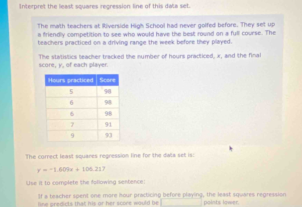 Interpret the least squares regression line of this data set. 
The math teachers at Riverside High School had never golfed before. They set up 
a friendly competition to see who would have the best round on a full course. The 
teachers practiced on a driving range the week before they played. 
The statistics teacher tracked the number of hours practiced, x, and the final 
score, y, of each player. 
The correct least squares regression line for the data set is:
y=-1.609x+106.217
Use it to complete the following sentence: 
If a teacher spent one more hour practicing before playing, the least squares regression 
line predicts that his or her score would be points lower.